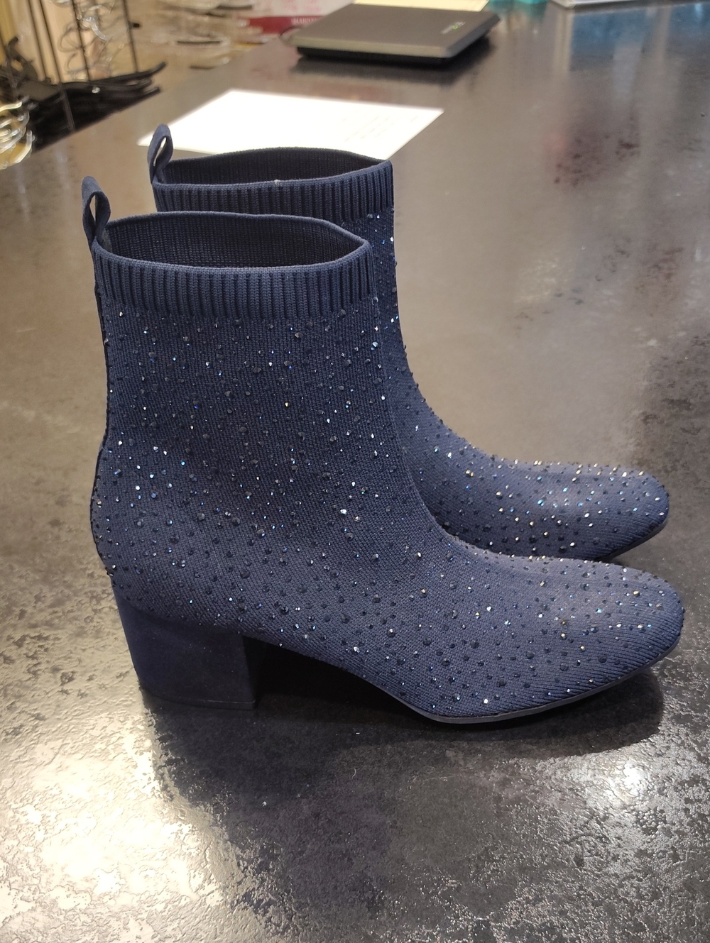 Kenneth Cole Navy Crystal-Embellished Knit Ankle Boots